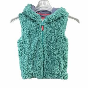 Mini Boden Sherpa Hooded Vest Girl 11-12Y Teal Green School Outdoor Fuzzy Layers